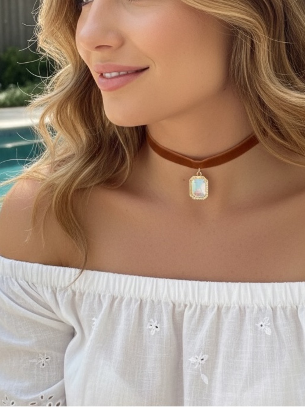 Brown charm choker necklace with gold and cubic zirconia pendant